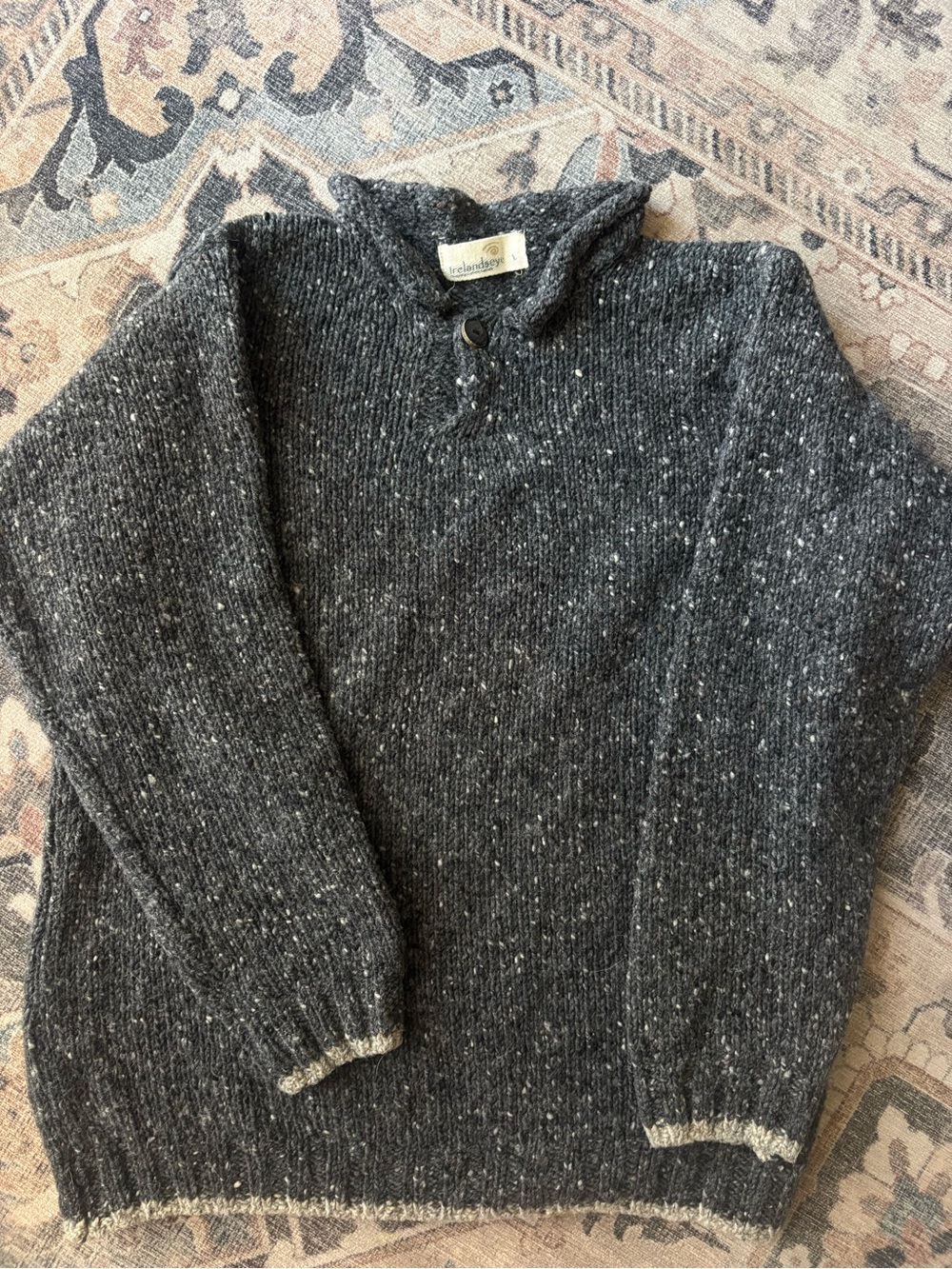 Aran sweater IrelandsEye Men's Charcoal Grey Tweed Wool Henley Sweater Sz large